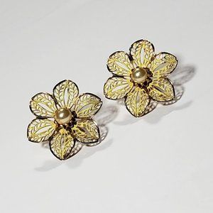 Vtg Signed Marino Pearl Flower Screwback Earrings
